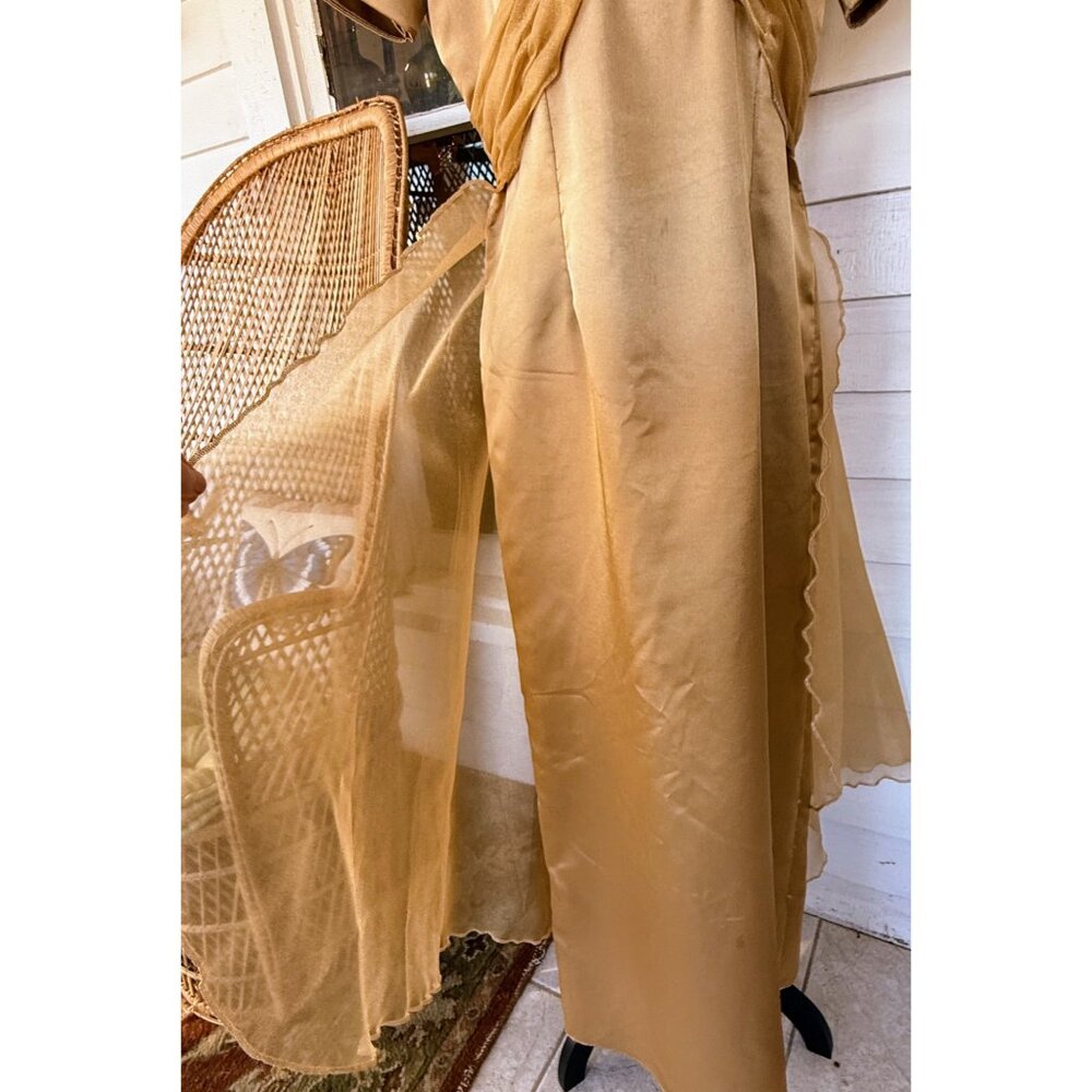 Vintage 60's Gold Satin Organza Formal Dress Rhinestones Bow Back M/L - Picture 5 of 16